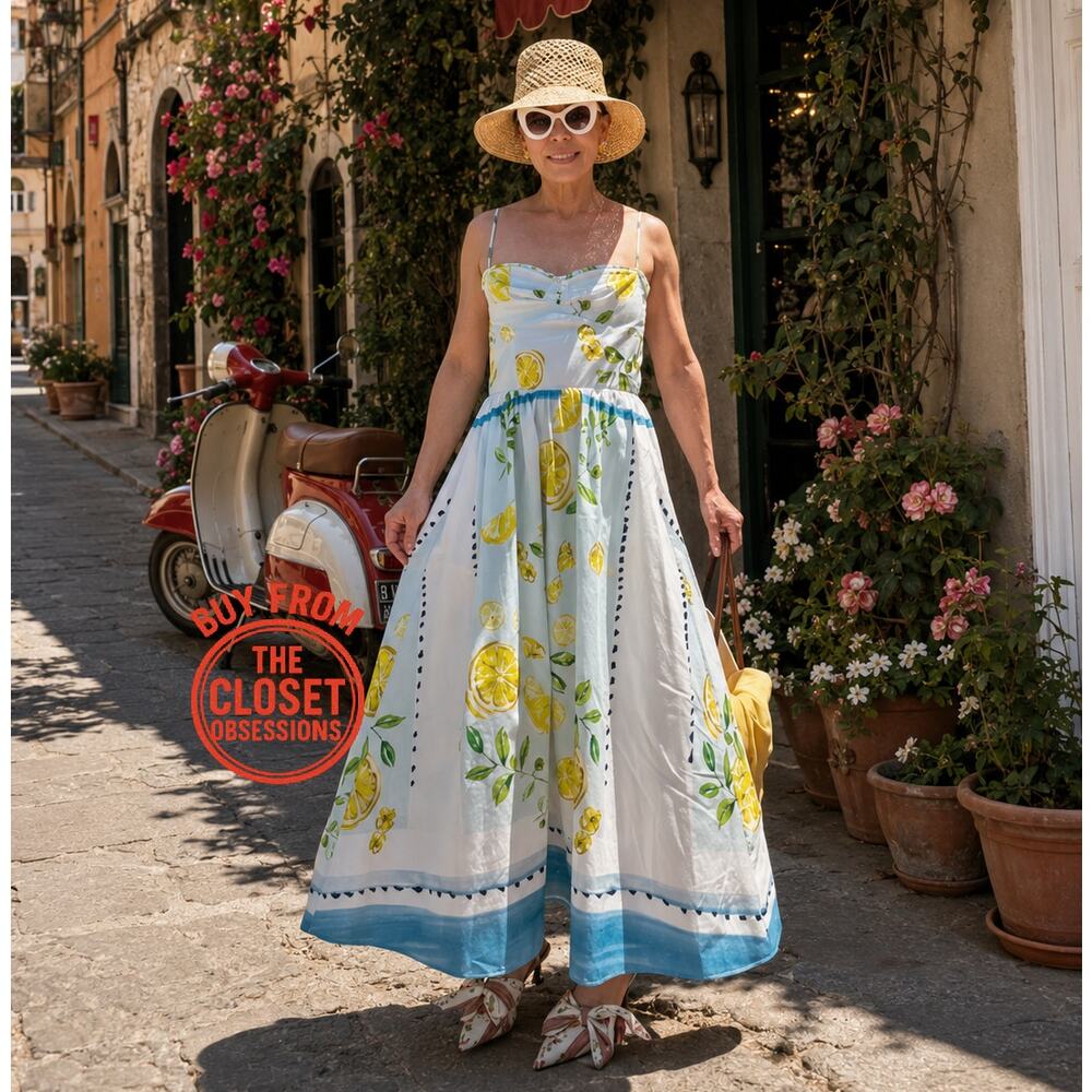 Zara Lemon Print Midi Dress Italian Summer NWT